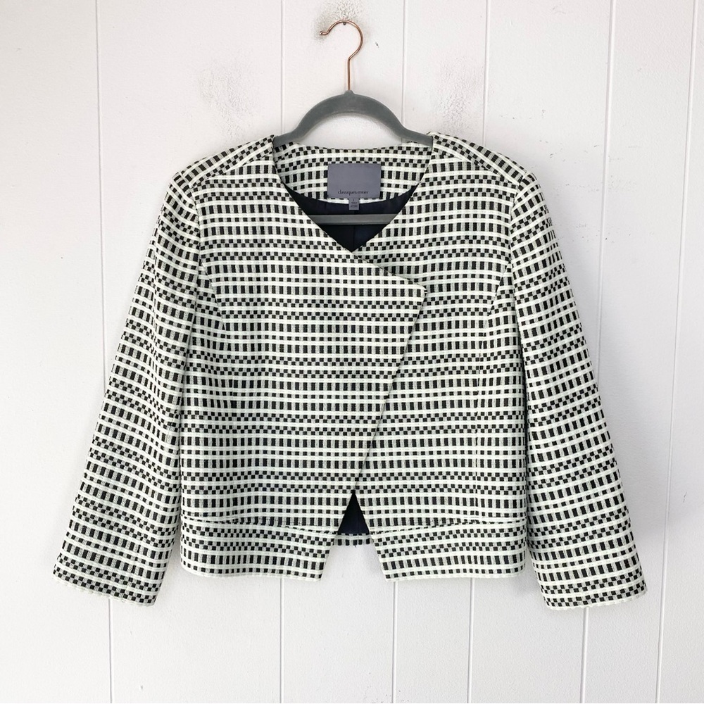 Clasiques Entier Size L Asymmetrical Crop Tweed Jacket 3/4 Sleeves Geo Print